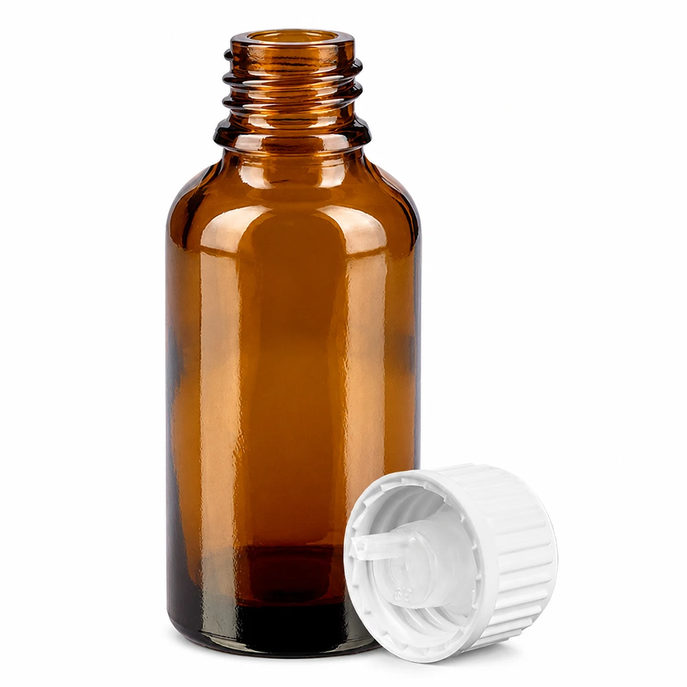 30ml tippapullo 0.9mm valkoinen vakiokorkki BrownLine UT18/30 Meripihkanvärinen 30ml lasipullo, jossa 0,9mm tippaputki eteerisille öljyille ja tinktuureille.