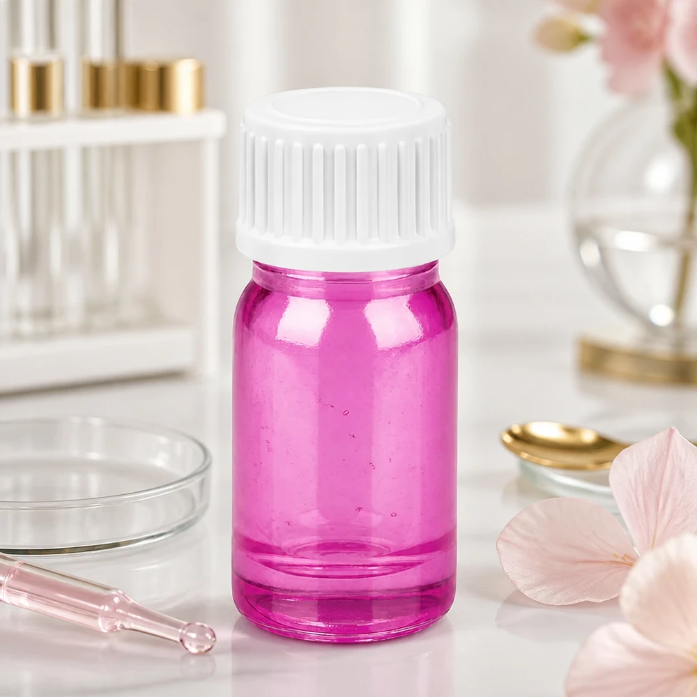 5ml lasipullo läpinäkyvä violetti tippakorkilla 0.9mm aukko seerumeille ja öljyille PurpleLine