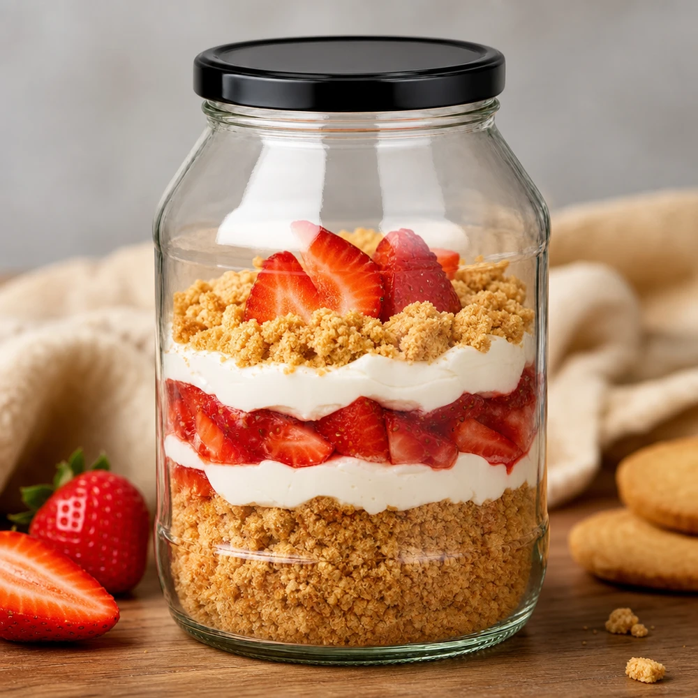2650ml Rundglas mit schwarzem Deckel als Dessertglas für Erdbeer-Sahne-Schichtdessert mit Kekskrümeln stylisch präsentie