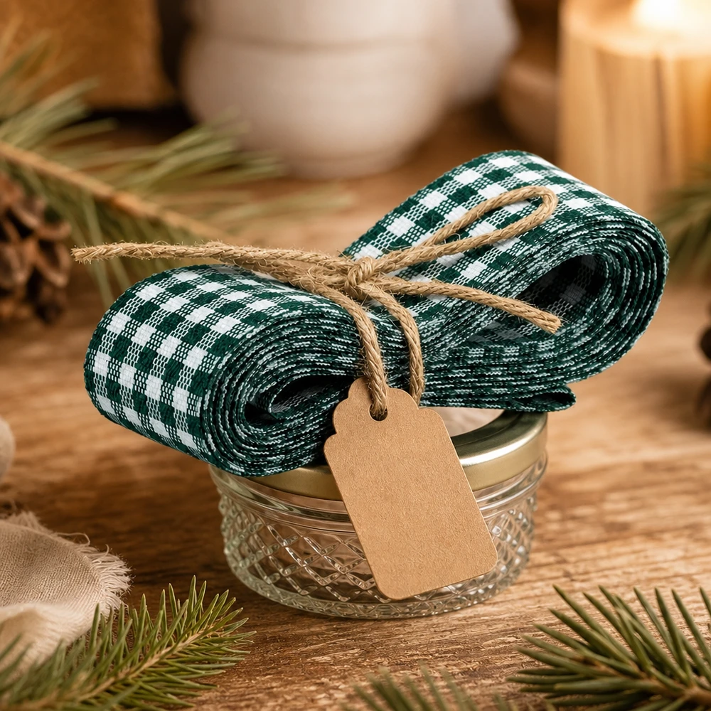 Grün-weißes kariertes Stoffband 300cm mit Kraftpapier-Anhänger um Glasschale gebunden als natürliche Geschenkdeko