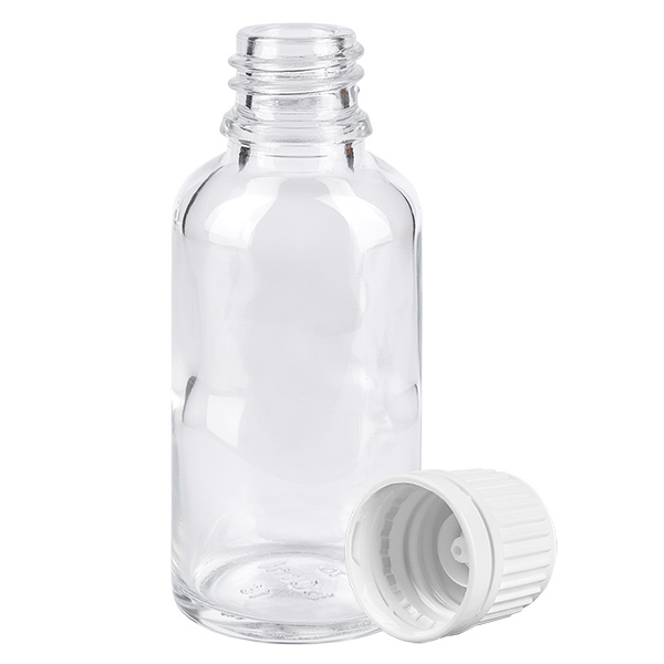 30ml pullo 11mm ruuvikorkki valkoinen peukaloinnin estävä korkki ClearLine UT18/30 30ml pullo 11mm ruuvikorkki valkoinen peukaloinnin estävä korkki ClearLine UT18/30