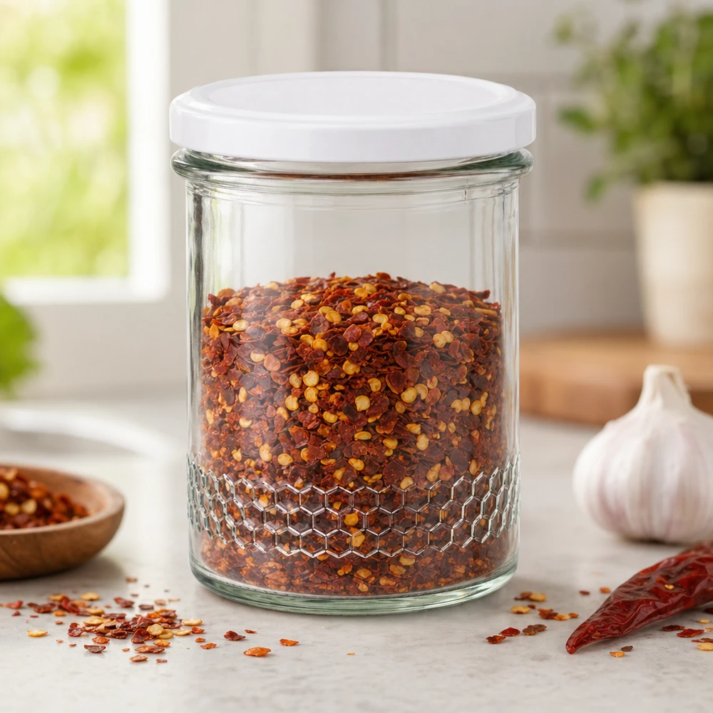 560g Honigglas + BasicSeal Deckel weiß UNiTWIST 400ml hunajapurkki valkoisella kannella maustepurkki chilihiutaleille Keittiön säilytys Hunajakennokuvio purkin pohjassa