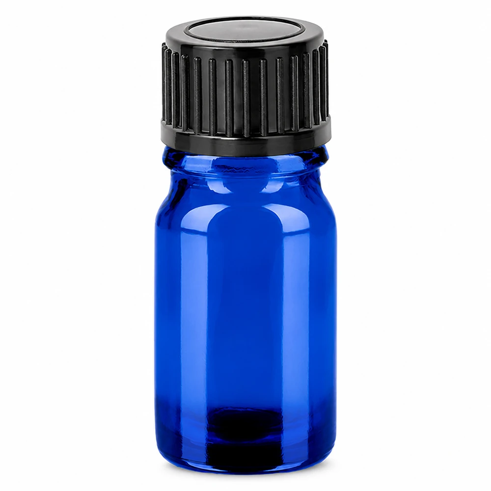 5ml pullo 11mm kierrekorkki musta Standard BlueLine UT18/5 Standard BlueLine UT18/5 Sininen lasipullo 5ml mustalla kierrekorkilla eteerisille öljyille ja kosmetiikalle.
