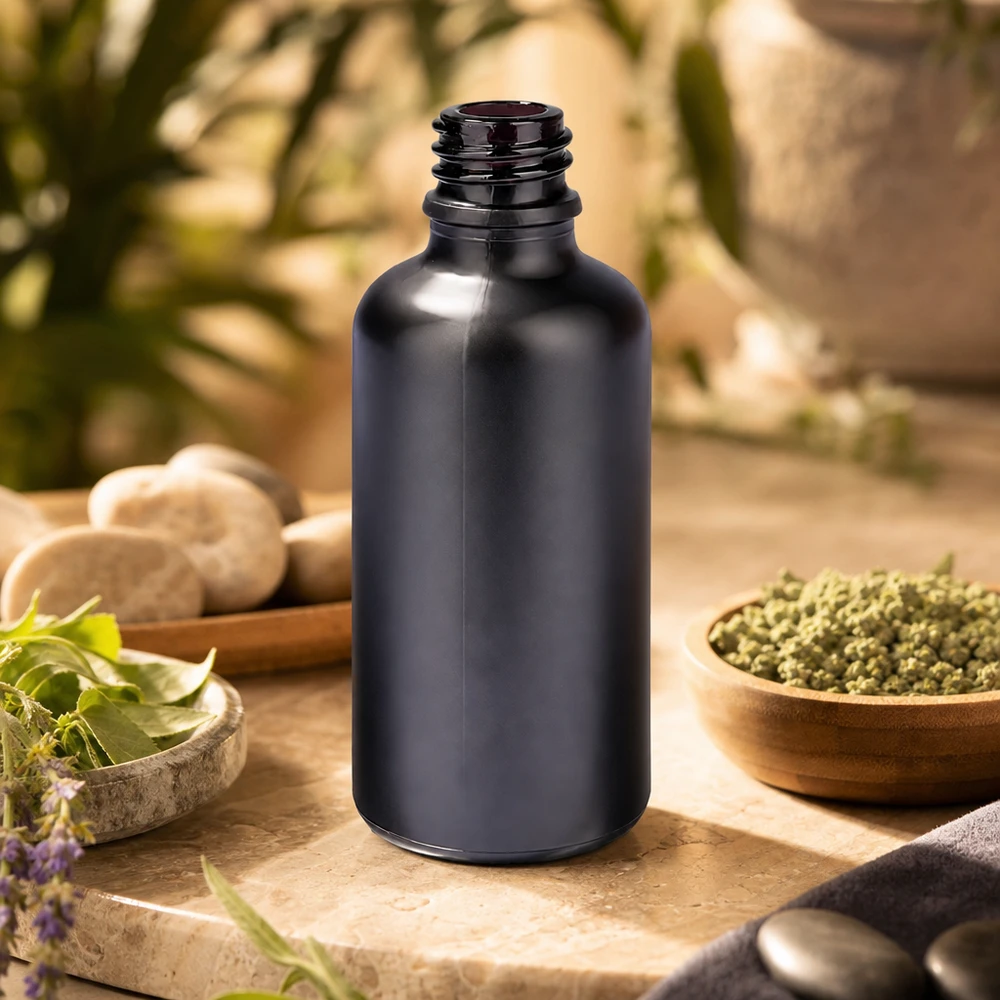 50ml apteekkipullo BlackLine UT18/50 UNiTWIST valolta suojaavalla violetilla lasilla aromaterapiaa varten.