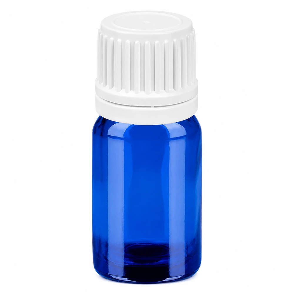 5ml lasipullo sininen valkoisella kierrekorkilla eteerisille öljyille ja kosmetiikalle.