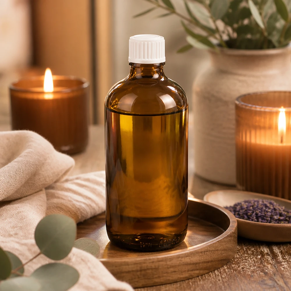 100 ml:n meripihkavärinen apteekkipullo, jossa on valkoinen kierrekorkki, rentouttavassa spa-ilmapiirissä