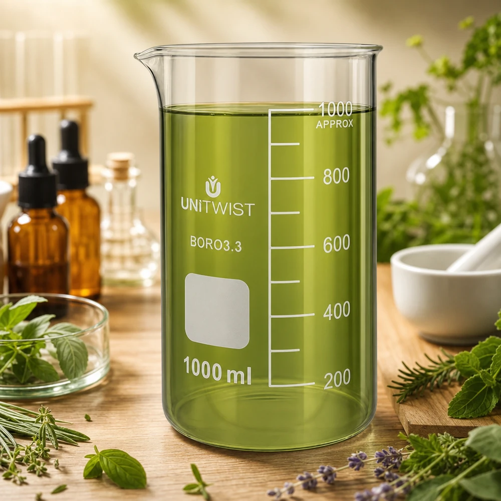 Juomalasi 1000ml borosilikaatti, korkea muotti UNiTWIST UNITWIST-lasikulho, 1000 ml, korkea malli, borosilikaattilasia, jossa on vihreää yrttiuutetta, puupöydällä