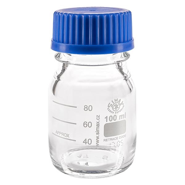 Kierteitetty laboratoriopullo 100ml korkilla, borosilikaattia Kierteitetty laboratoriopullo 100ml korkilla, borosilikaattia