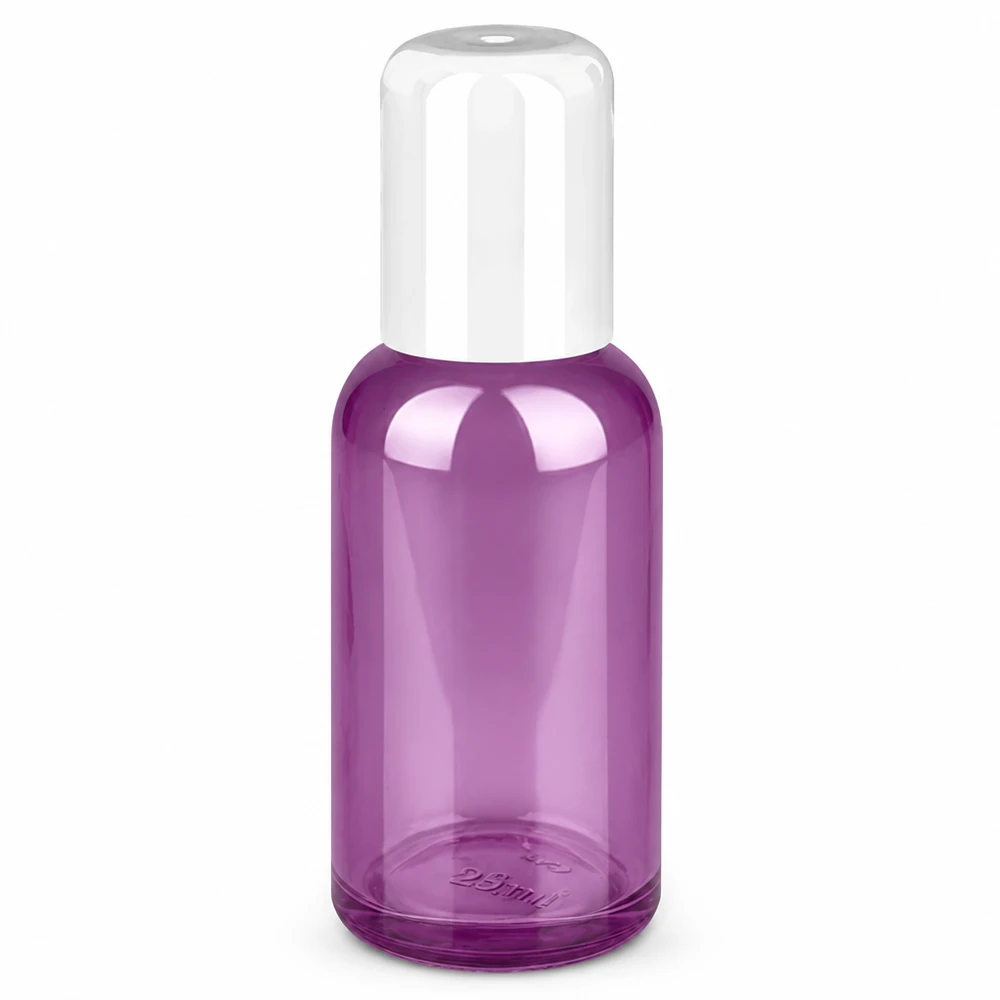 30ml roll-on-pullo läpinäkyvää violettia, valkoinen korkki kosmetiikkaan ja hajuvesiin.