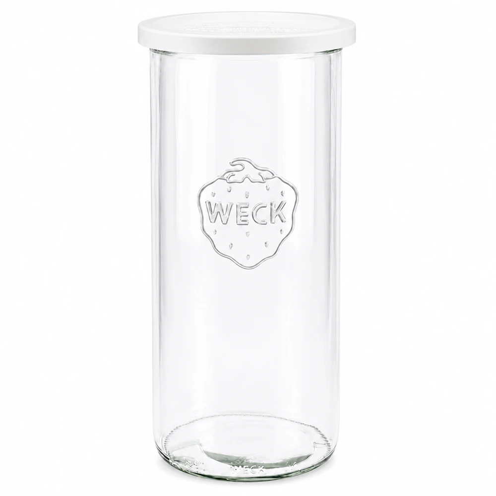 1500ml juomapullot tuoreella kannella WECK RR100 WECK säilöntätölkki 1500ml RR100 läpinäkyvä, valkoinen kansi, jossa on kaiverrettu tuotemerkin logo etupuolella kuvattuna