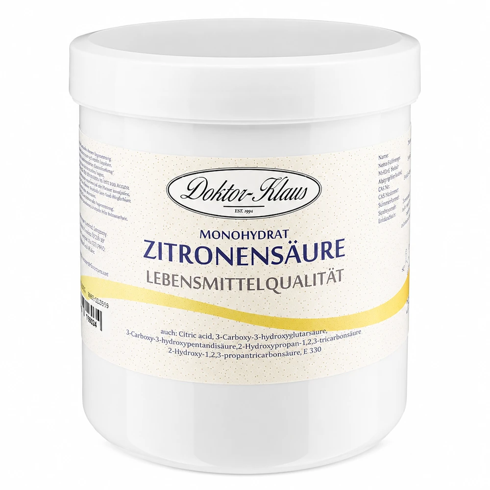 Sitruunahappo 500g Doktor-Klaus 500 g sitruunahappoa Doktor-Klaus monohydraatti valkoisessa muovipurkissa keittiö- ja kotitalouskäyttöön.