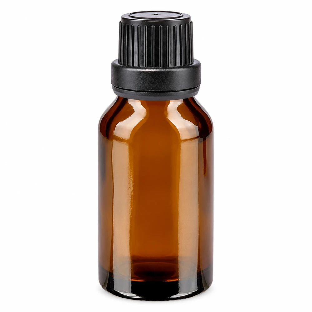 Apteekkipullo ruskea 15ml ruuvikorkki musta peukaloitava sulkeminen Ruskea apteekkipullo, 15 ml, jossa on musta alkuperäinen korkki ja ruskeasta lasista valmistettu tiiviste