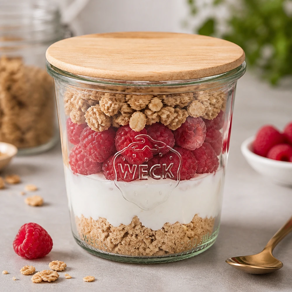 WECK tumblers 290ml RR80 puukannella jälkiruokapurkki jogurtin vadelmien ja myslin kanssa keittiössä.