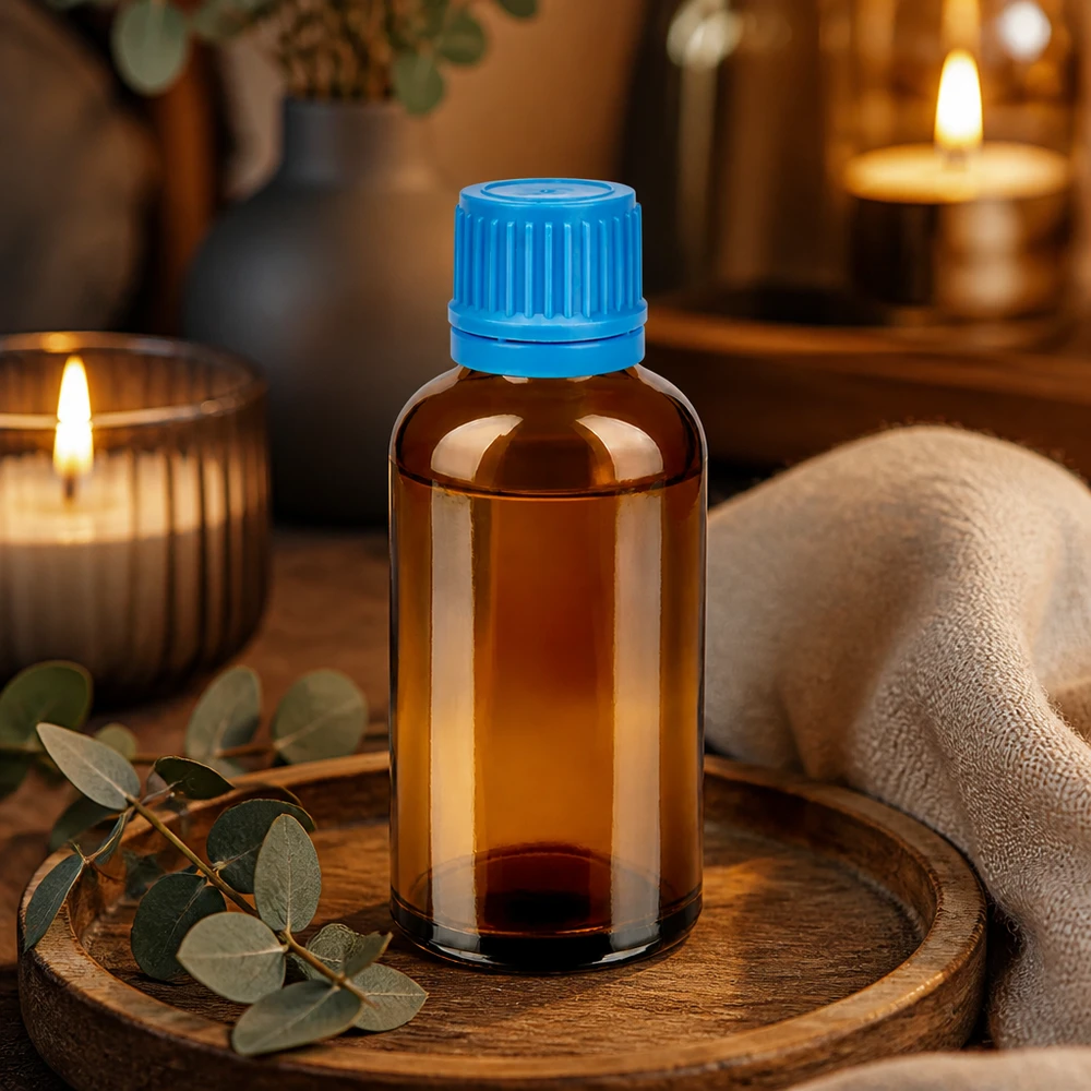 50ml lasipullo sinisellä korkilla ihanteellinen aromaterapia- ja wellness-sovelluksiin.