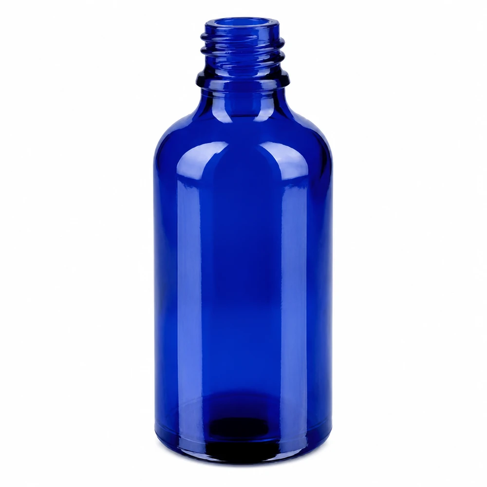 50ml suihkepullo valkoinen/läpinäkyvä vakiokorkki BlueLine UT18/50 BlueLine UT18/50 50 ml:n koboltinsininen lasipullo, jossa on kierteitetty kaula kosmetiikkatuotteiden tarkkaa annostelua varten.