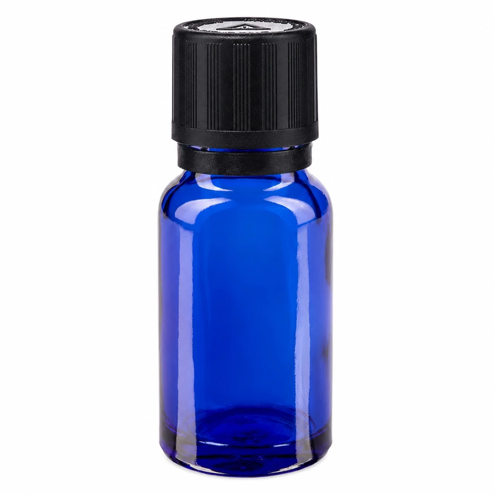 Apteekkipullo sininen 10ml tippapullon korkki kaatorengas 1mm musta lapsilukko sokea varoitussymboli tamper evident sulkeminen 10 ml:n sininen lasinen apteekkipullo, jossa on musta lapsiturvallinen korkki ja 1 mm:n tiputin