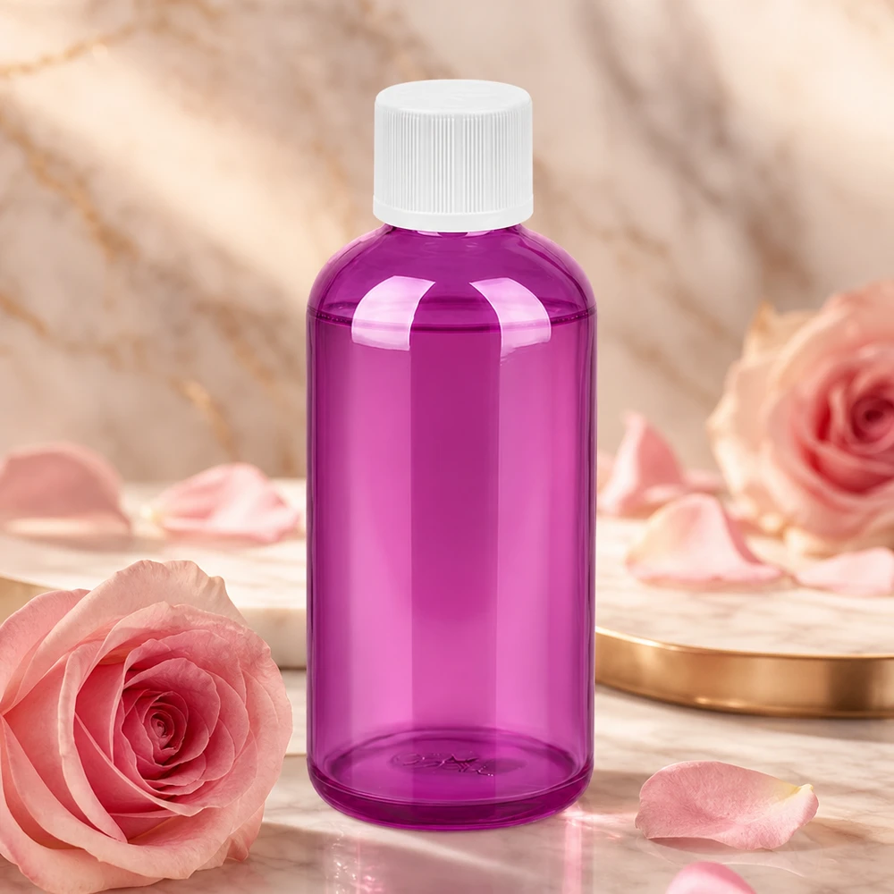 100ml violetti läpinäkyvä pullo 11mm kierrekorkilla, ihanteellinen aromaterapialle ja eteerisille öljyille.