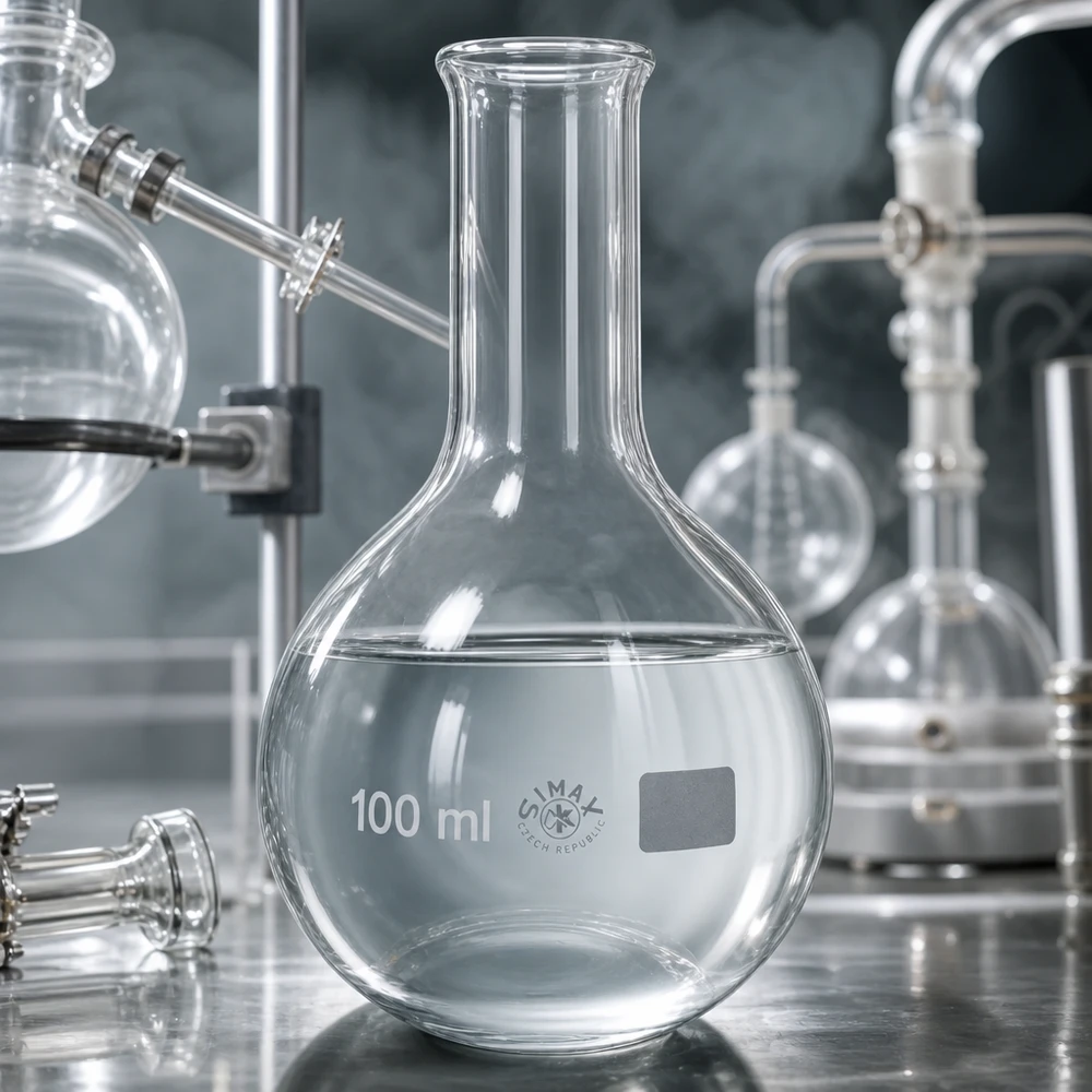 Seisova pullo 100ml kapea kaula Läpinäkyvä 100 ml:n laboratoriopullo, jossa on ohut kaula ammattimaisiin kemian kokeisiin.