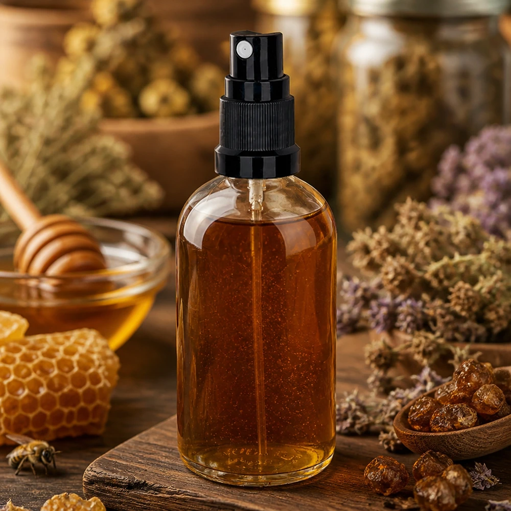 100ml suihkepullo musta vakiokorkki ClearLine UT18/100 Pieni 100 ml:n lasinen suihkepullo, jossa on musta sumutin ja joka on koristeltu hunajalla ja yrtteillä