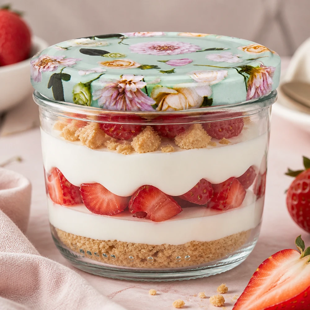 230ml juomalasit + BasicSeal kansi kukka minttu UNiTWIST Sturzglas 230ml mit BasicSeal Deckel Blume mint als stylische Dessertschale für Tiramisu mit Erdbeeren verwendet
