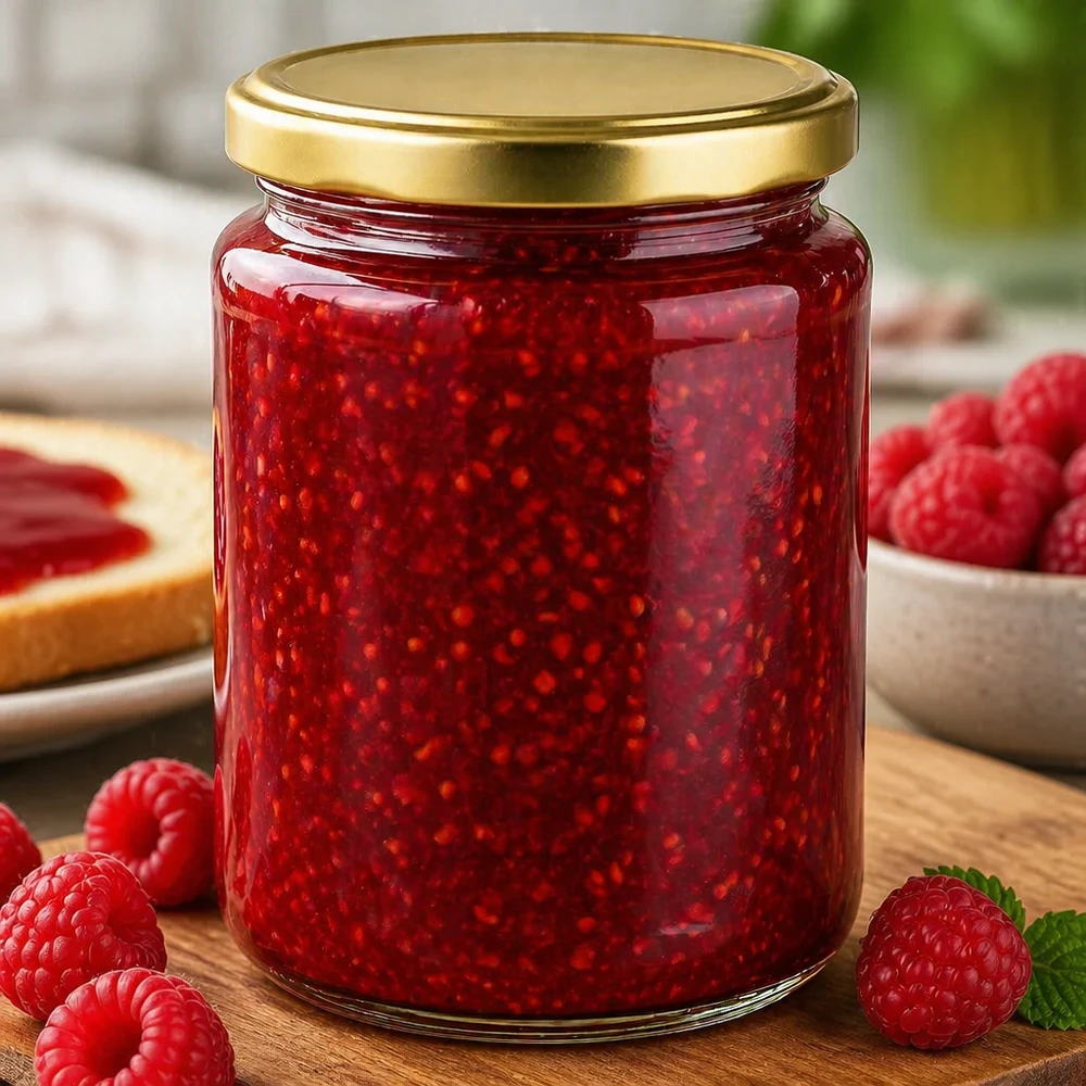 450 g BasicSeal-hunajapurkki, jossa on kultainen kansi, täynnä vadelmahilloa, jota ympäröivät tuoreet vadelmat.