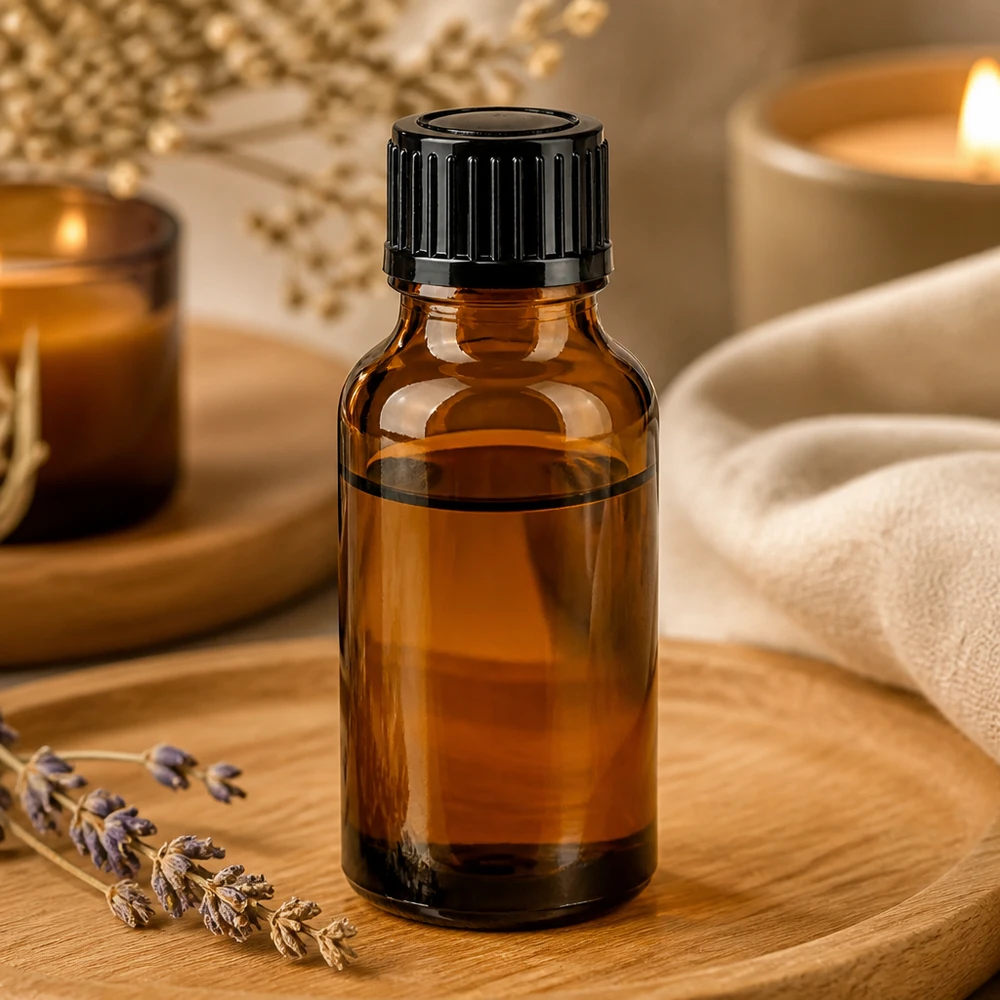 Apteekkipullo ruskea 20ml tippapullon korkki 1mm musta standardi 20 ml:n STD-tiputuspullo, apteekkilasista, meripihkanvärinen, 1 mm:n suuaukolla, puualustalla