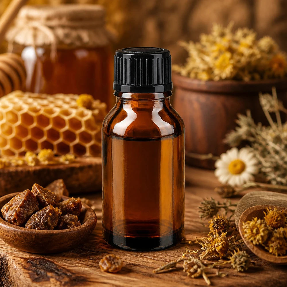 Apteekkipullo ruskea 15ml tippapullo korkki 1mm musta vakio. Ruskea lasipullo, 15 ml, jossa on musta tippakorkki ja jota ympäröivät lääkekasvit, mehiläispesä ja hunaja