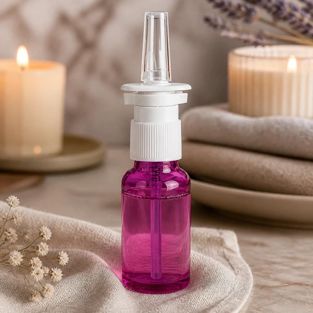 20ml nenäsumutepullo, jossa on valkoinen kierrekorkki ja läpinäkyvä purppuranpunainen suihkuputki.