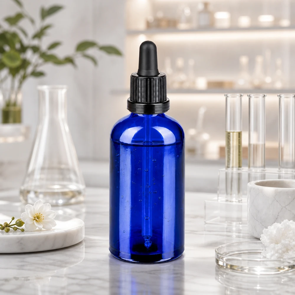 100ml pipettipullo musta tamper-evident-suljin BlueLine UT18/100 Tyylikäs sininen lasipullo 100ml, jossa ergonominen pipetti helpottaa käsittelyä.