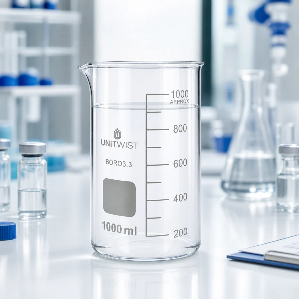 Juomalasi 1000ml borosilikaatti, korkea muotti UNiTWIST UNITWIST-lasimuki, 1000 ml, korkea malli, borosilikaattilasia 3.3, läpinäkyvä, tyhjä, valkoisella laboratoriopöydällä