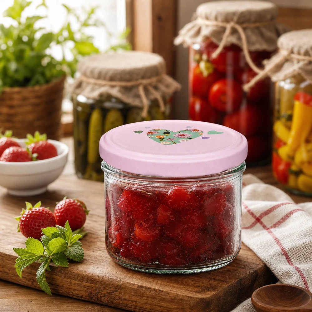 230ml sylinteripurkki + BasicSeal kansi sydän pinkki 230 ml:n sylinteripurkki, jossa on vaaleanpunainen sydämen muotoinen kansi ja joka on täytetty mansikkahillolla puulautalla maalaismaisessa keittiössä.