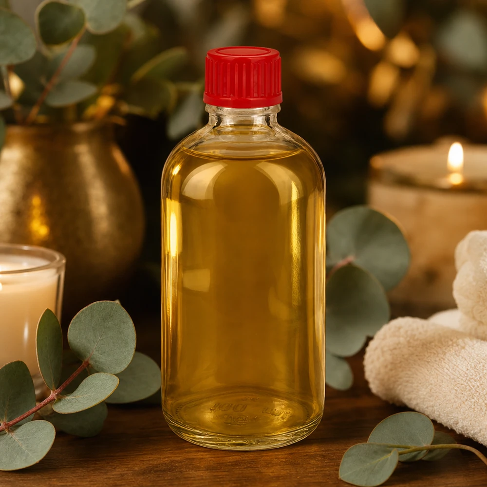 Aromaterapiaöljypullo 100 ml, kirkas lasi, punainen kansi, ClearLine UT18/100, eukalyptuksella ja kynttilöillä