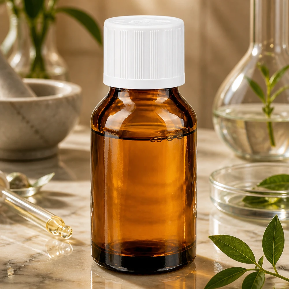 Apteekkipullo ruskea 30ml kierrekorkki valkoinen lapsiturvallinen vakio Pieni ruskea apteekkipullo (30 ml), jossa on valkoinen kierrekorkki, marmorialustalla, jossa on kasveja