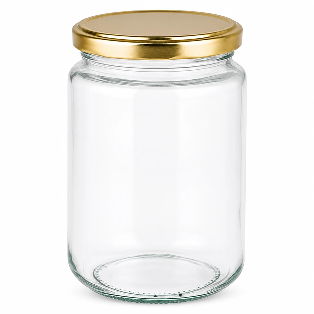 382 ml:n pyöreä purkki, jossa on BasicSeal-kansi kultainen UNiTWIST. Elegantes 382ml Rundglas mit goldenem Twist-off Deckel für Marmelade Honig und Konserven von Glas-Fabrik.de