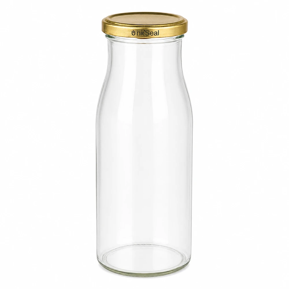 150ml pullo kultaisella UNiTWIST BioSeal-kannella. UNiTWIST lasipullo 150ml kultaisella TO43 BioSeal kannella läpinäkyvä lasinen kierrekorkki 150ml