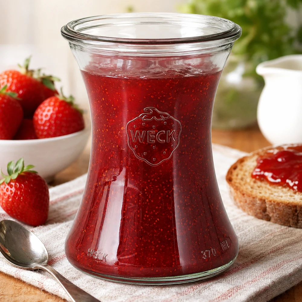 WECK herkkupurkki 370ml RR80 täynnä punaista mansikkahilloa viihtyisässä aamiaisasetelmassa paahtoleivän kanssa.