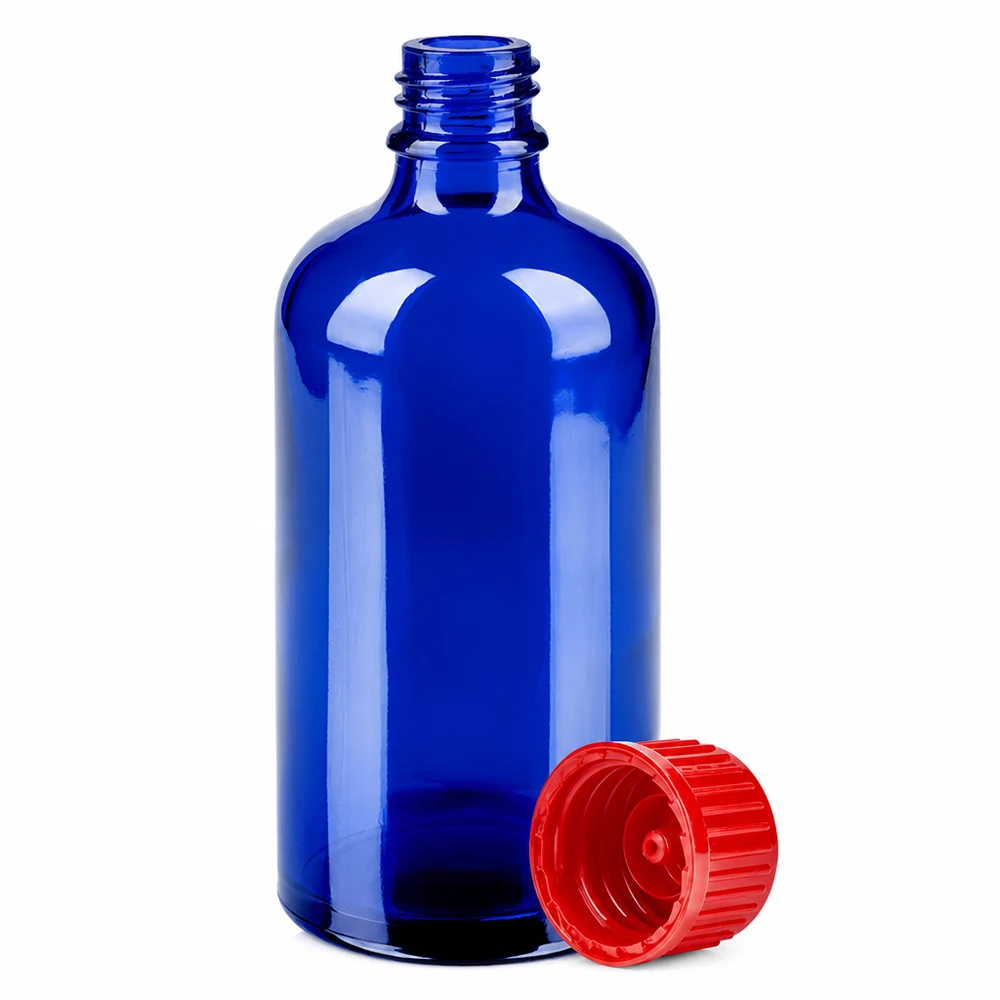 100ml BlueLine-lasipullo koboltin sininen, 11mm vakiokierre ja punainen korkki UT18/100