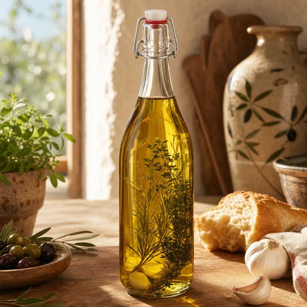 1000ml lasipullo + keinuposliini UNiTWIST UNiTWIST Glasflasche 1000ml mit Kräuteröl befüllt zeigt vielseitige Verwendung für Küche und Aufbewahrung