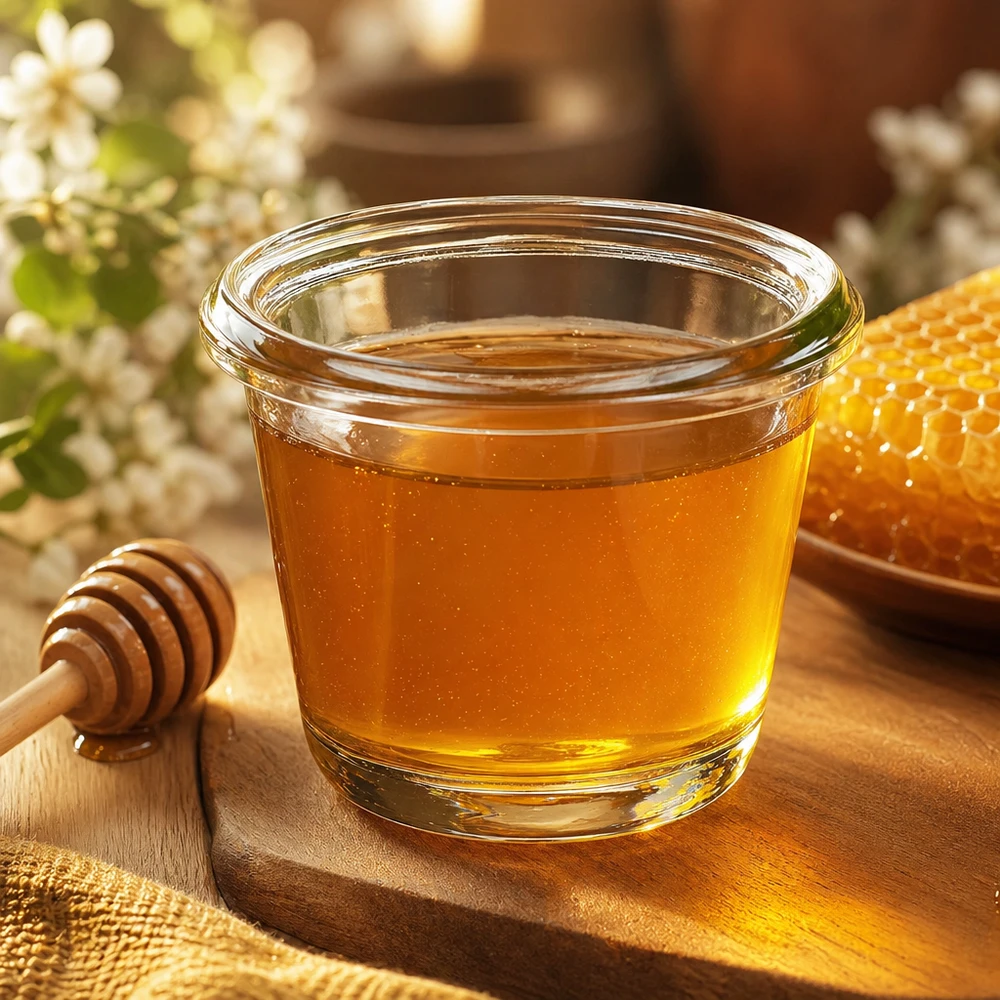80ml Gughugelpurkki WECK RR60 täydellinen 80ml Gughugelpurkki WECK RR60 80ml WECK gourmet-purkki RR60 täynnä kullankeltaista hunajaa hunajakennon ja hunajalusikan vieressä puisella laudalla.