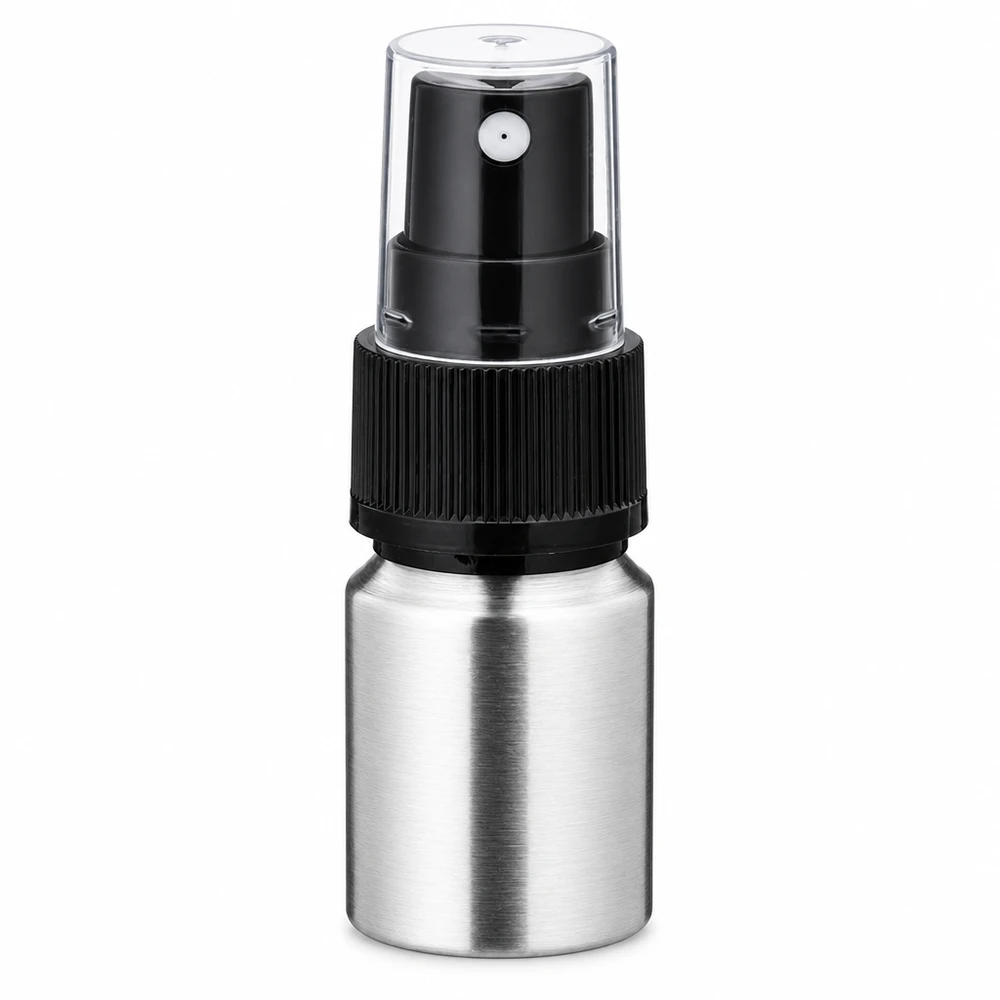 10ml kiillotettu alumiinipullo, jossa on sumutin. 10ml alumiinipullo suihkupumpulla - kompakti alumiininen sumutinpullo hajuvesille ja kosmetiikalle.