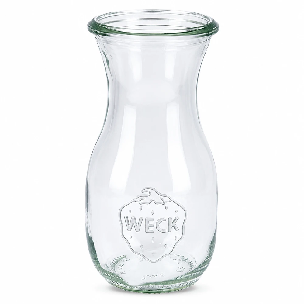 290 ml:n mehupullo WECK RR60 290ml WECK RR60 mehupullo kirkkaasta lasista, jossa on kohokuvioitu logo ja leveä aukko mehuille ja juomille.