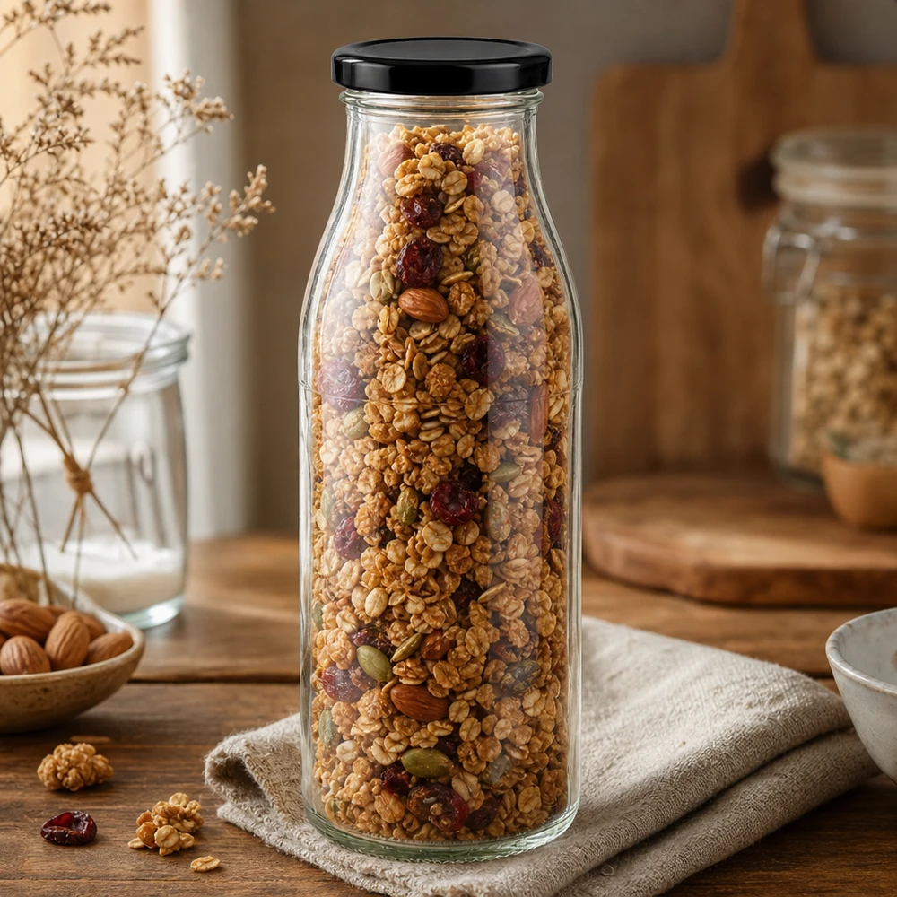 500ml lasipullo + BasicSeal-kansi musta UNiTWIST 500ml Glasflasche mit schwarzem Deckel gefüllt mit Müsli und Nüssen auf Holztisch rustikale Küchendeko