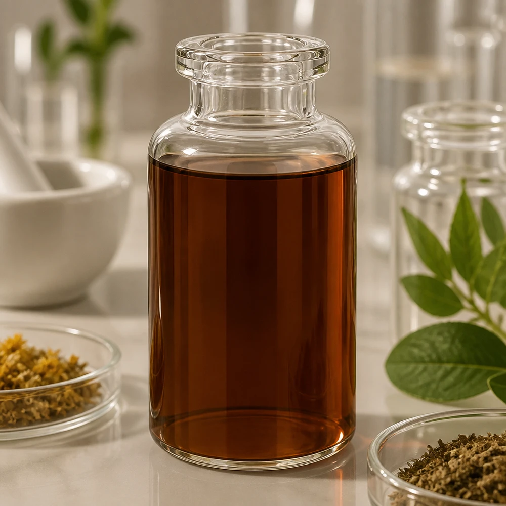 Injektionsflasche Klarglas 30ml mit dunkelbraunem Pflanzenextrakt in botanischer Laborszene