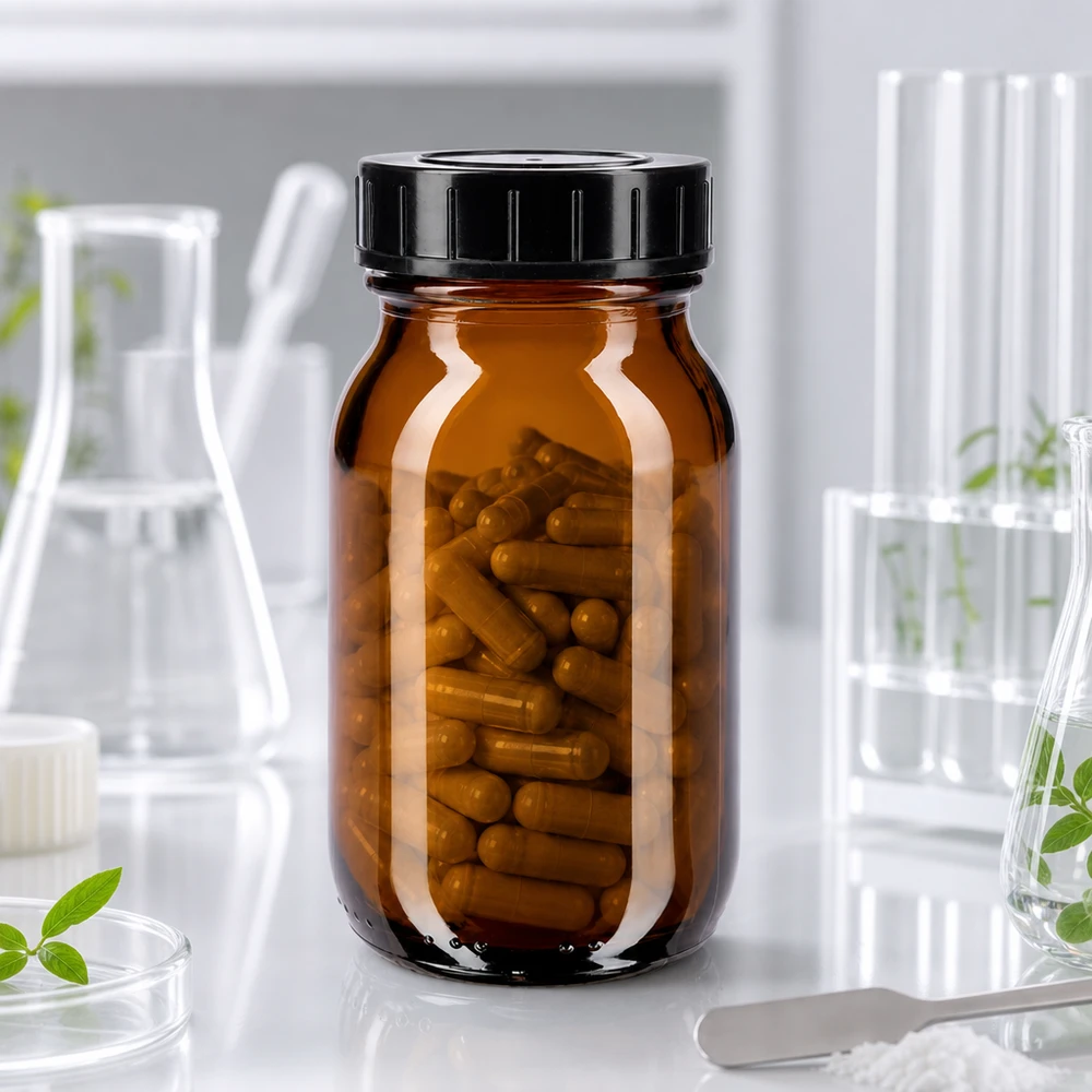 Laajakauluksinen lasipullo 100ml ruskea, jossa on leveä aukko helppoa täyttöä varten.