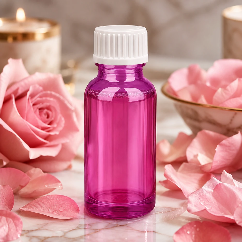 20ml (pallopullo) pullo 3mm kaaderengas valkoinen standardi PurpleLine.UT18/20 Violetti 20ml lasipullo valkoisella korkilla aromaterapiaan ja kosmetiikkaan.