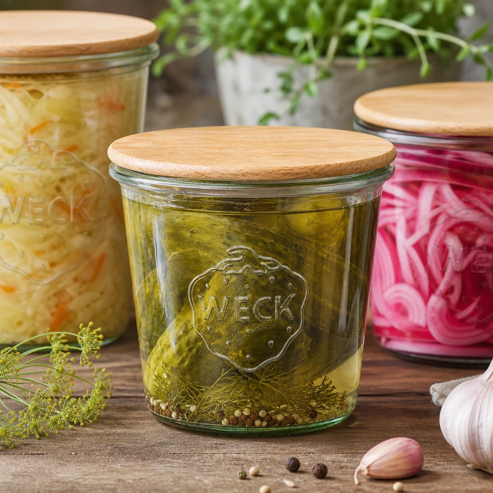 WECK 580ml lasipurkki, jossa on puukansi, täynnä suolakurkkua, keittiökohtaus, jossa on tuoreita yrttejä ja valkosipulia.