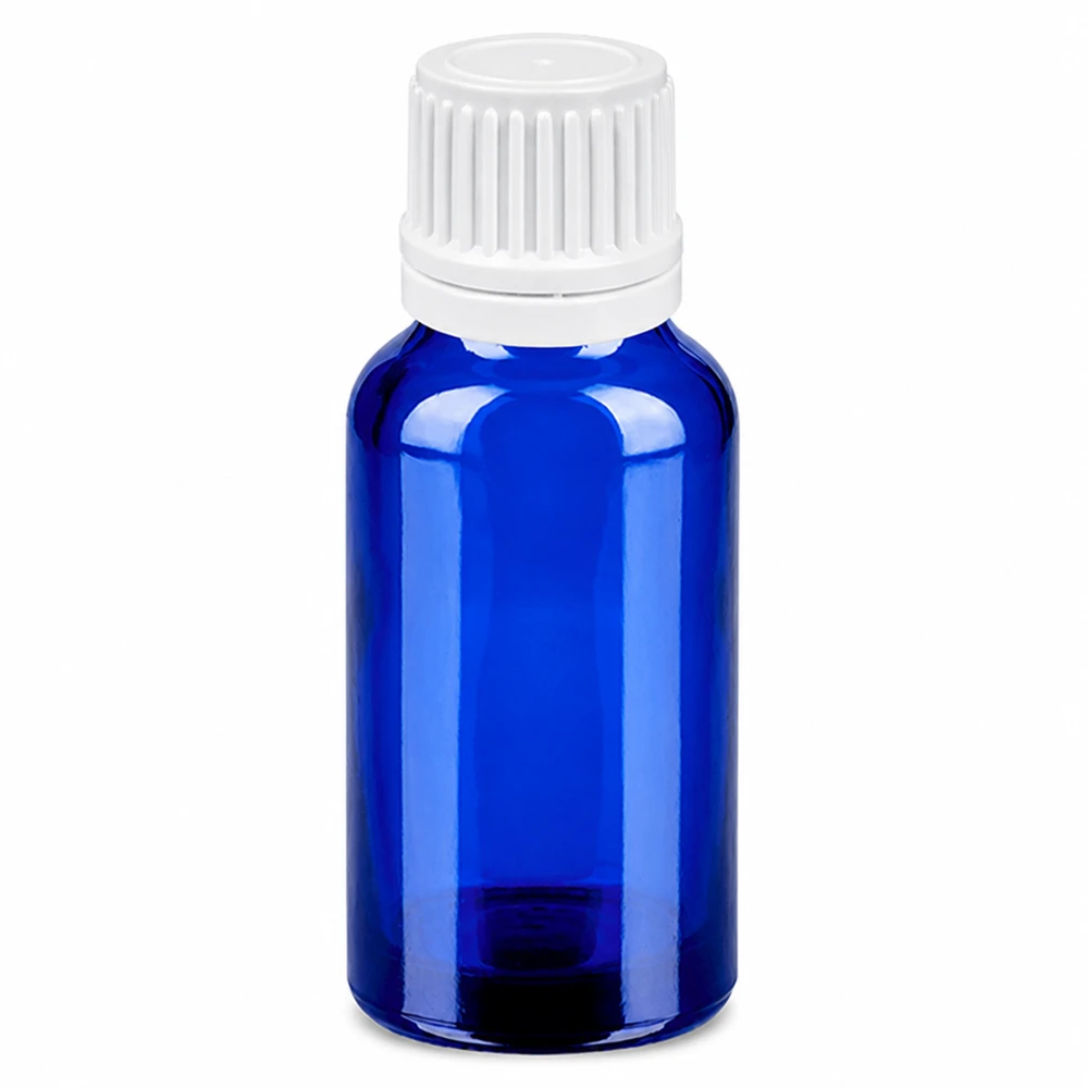 20ml tippapullo sinisestä lasista, jossa on valkoinen korkki tarkkaa annostelua varten.