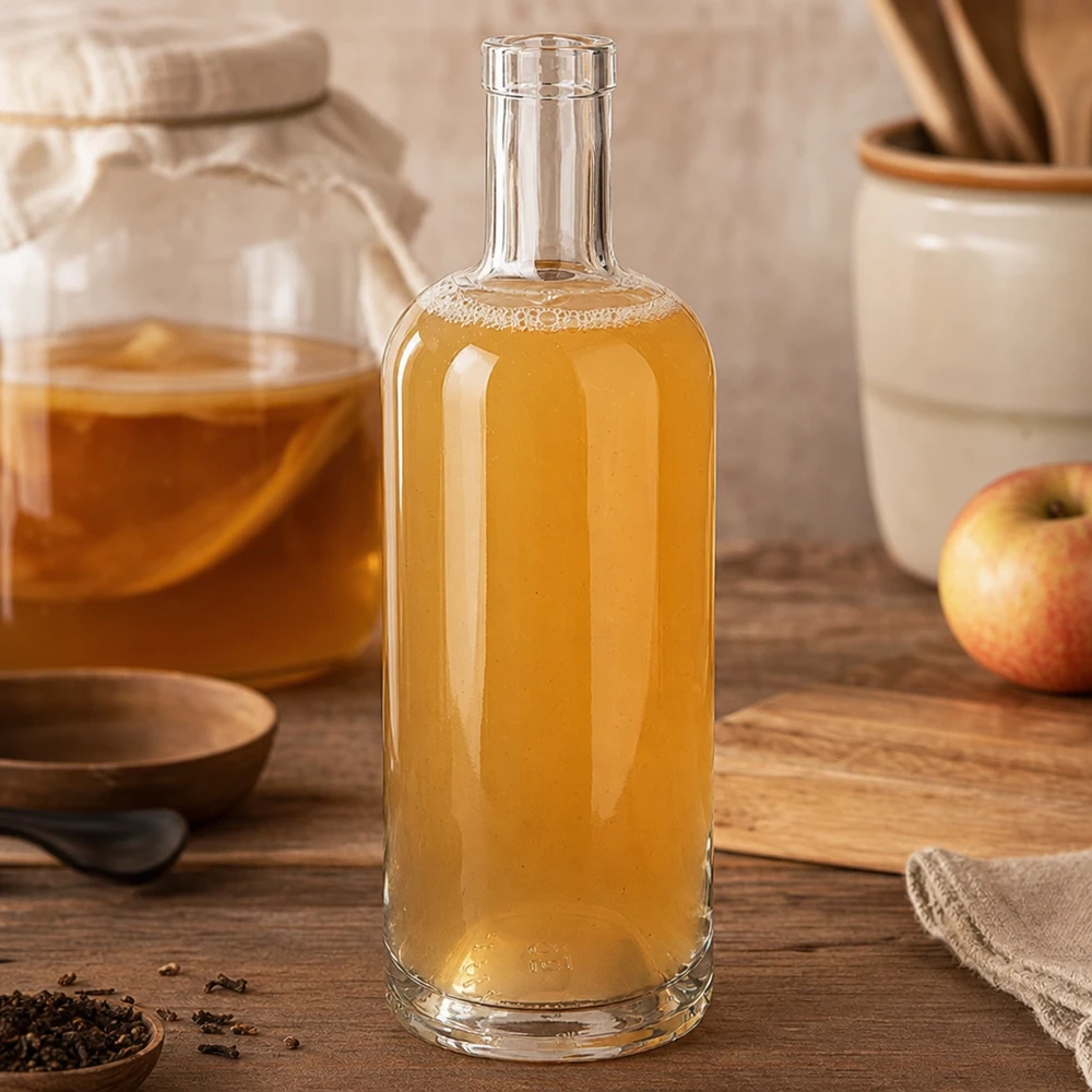 750ml lasipullo Emma täynnä omenaviinietikkaa maalaismaisemassa keittiössä omenan ja keittiövälineiden vieressä puulautalla.