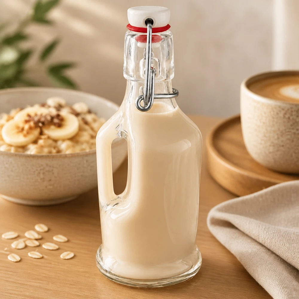 200ml Glasflasche "Bertha" + PVC Bügelverschluss UNiTWIST Glasflasche Bertha 200ml mit cremiger Hafermilch befüllt, Bügelverschluss UNiTWIST, Frühstücksszene mit Müsli und Kaffee