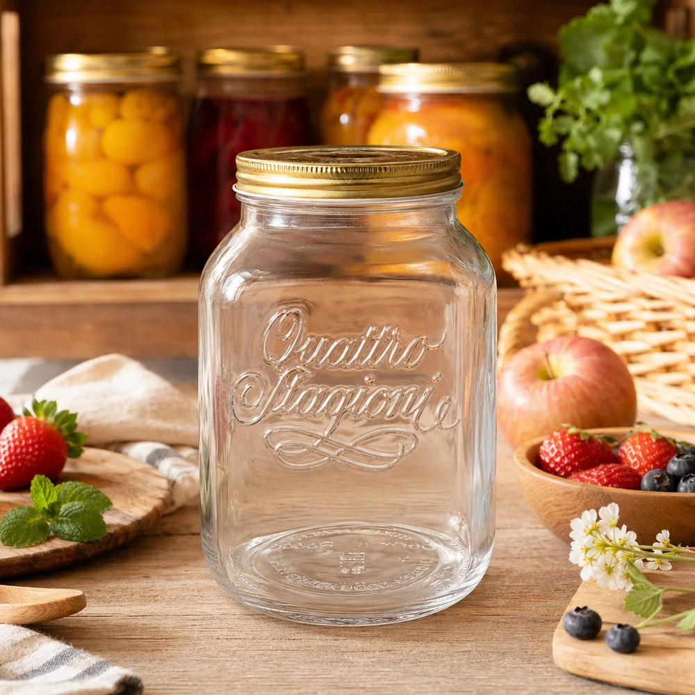 3000ml pyöreä purkki "Quattro Stagioni" kannella varustettuna 3000ml Quattro Stagioni -säilykepurkki maalaismaisessa keittiössä, taustalla tuoreita hedelmiä ja säilykkeitä.